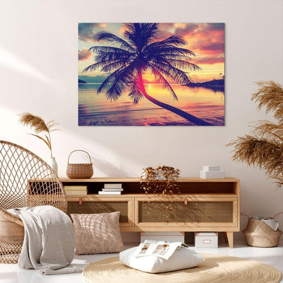 Bilder auf Leinwand 100x70cm Leinwandbild mit Rahmen Meer Strand Palme Gross Wanddeko Bild Schlafzim