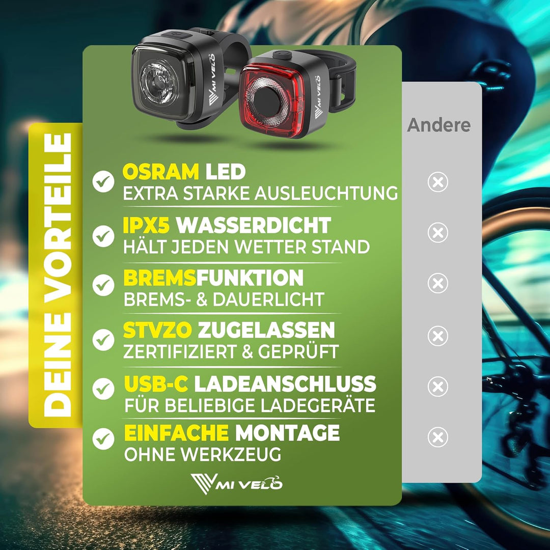 MIVELO Cube Fahrradlicht Set StVZO zugelassen Fahrradbeleuchtung - USB-aufladbar & 100% wasserdicht