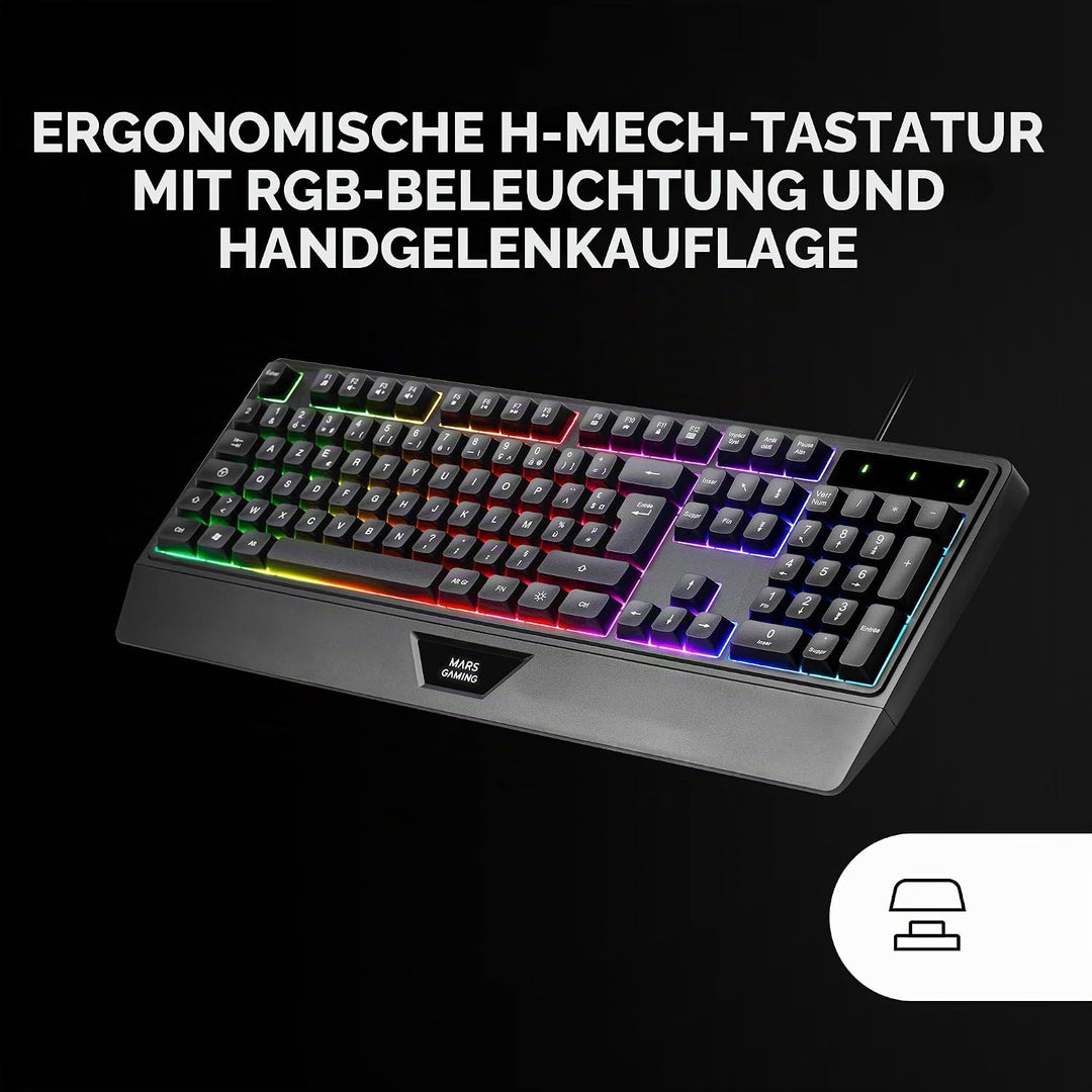 Mars Gaming MCP124PRO, Portugiesisch, Gaming-Combo 4in1, RGB H-Mech-Tastatur mit Handballenauflage,