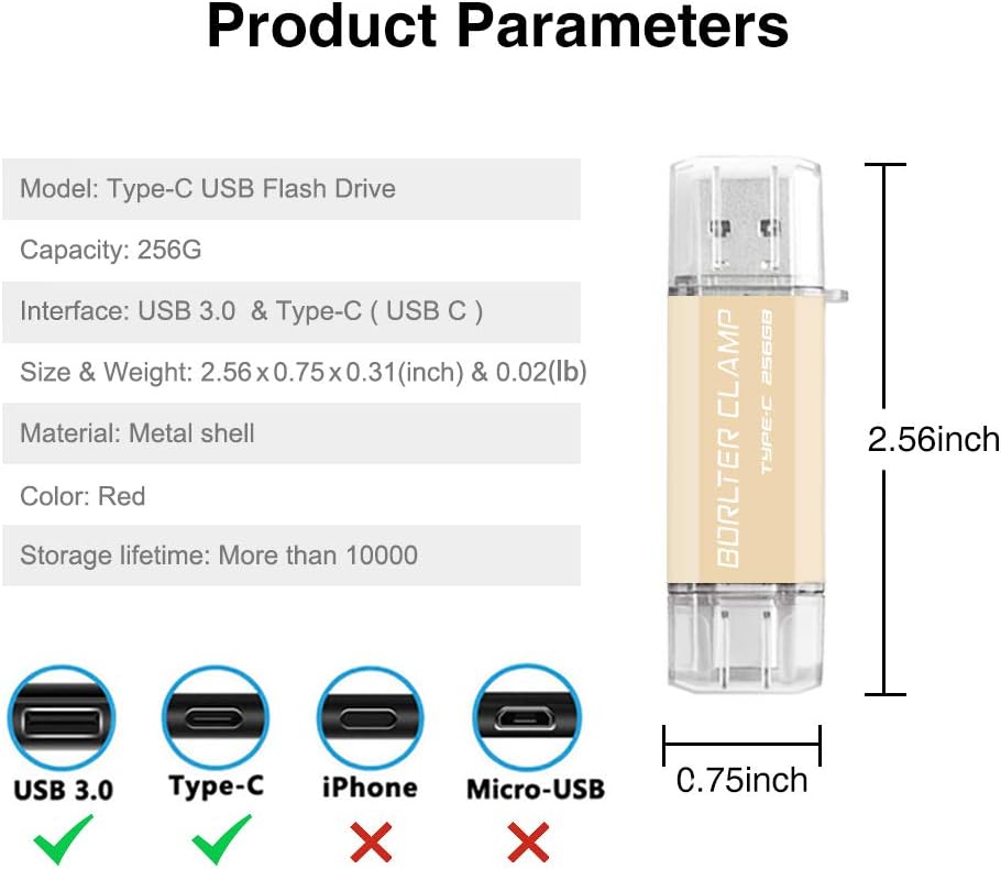 BORLTER CLAMP Type C USB-Stick 256GB OTG 2 in 1 Speicherstick Dual-Port USB 3.0 Flash-Laufwerk mit U