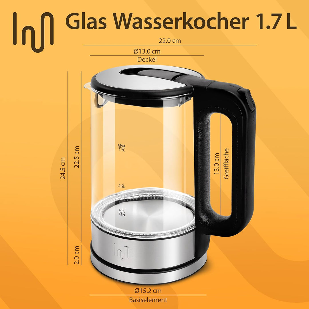Impolio Classic Wasserkocher Glas, Wasserkocher 1,7L, Wasserkocher Edelstahl mit LED Beleuchtung, Wa