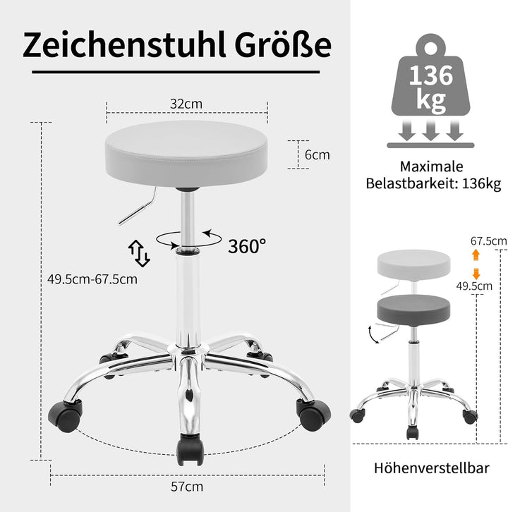FIRAVOE Ergonomischer höhenverstellbarer Rollhocker 49,5–67,6 cm, Stabiler rückenloser Bürohocker au