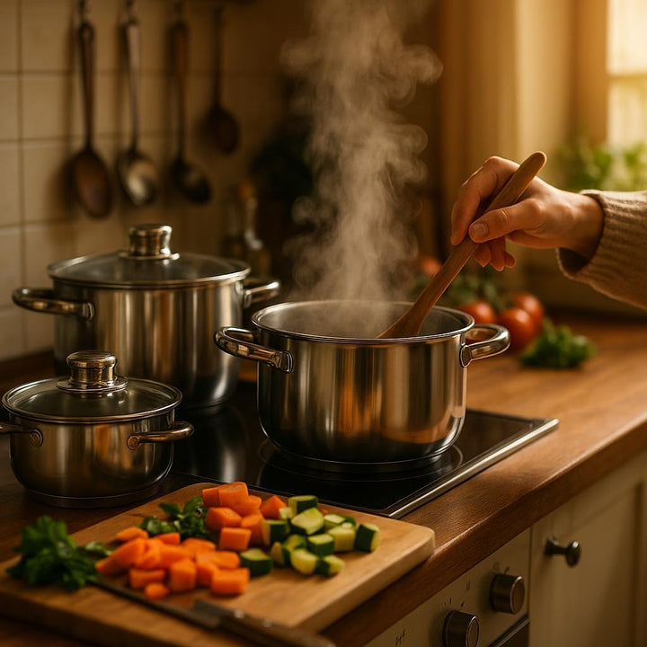 Edelstahl Topfset 12-teilig mit Glasdeckeln, induktionsgeeignet – stapelbares Kochtopf-Set mit Kapse
