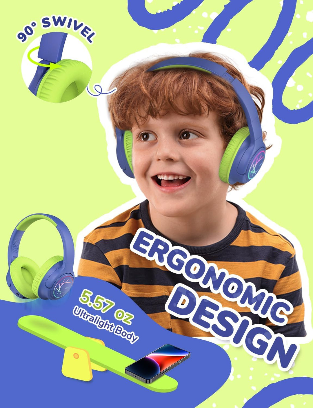 iClever Bluetooth kopfhörer Kinder mit LED-Leuchten, 74/85dBA Lautstärkebegrenzung, 43 Stunden Spiel