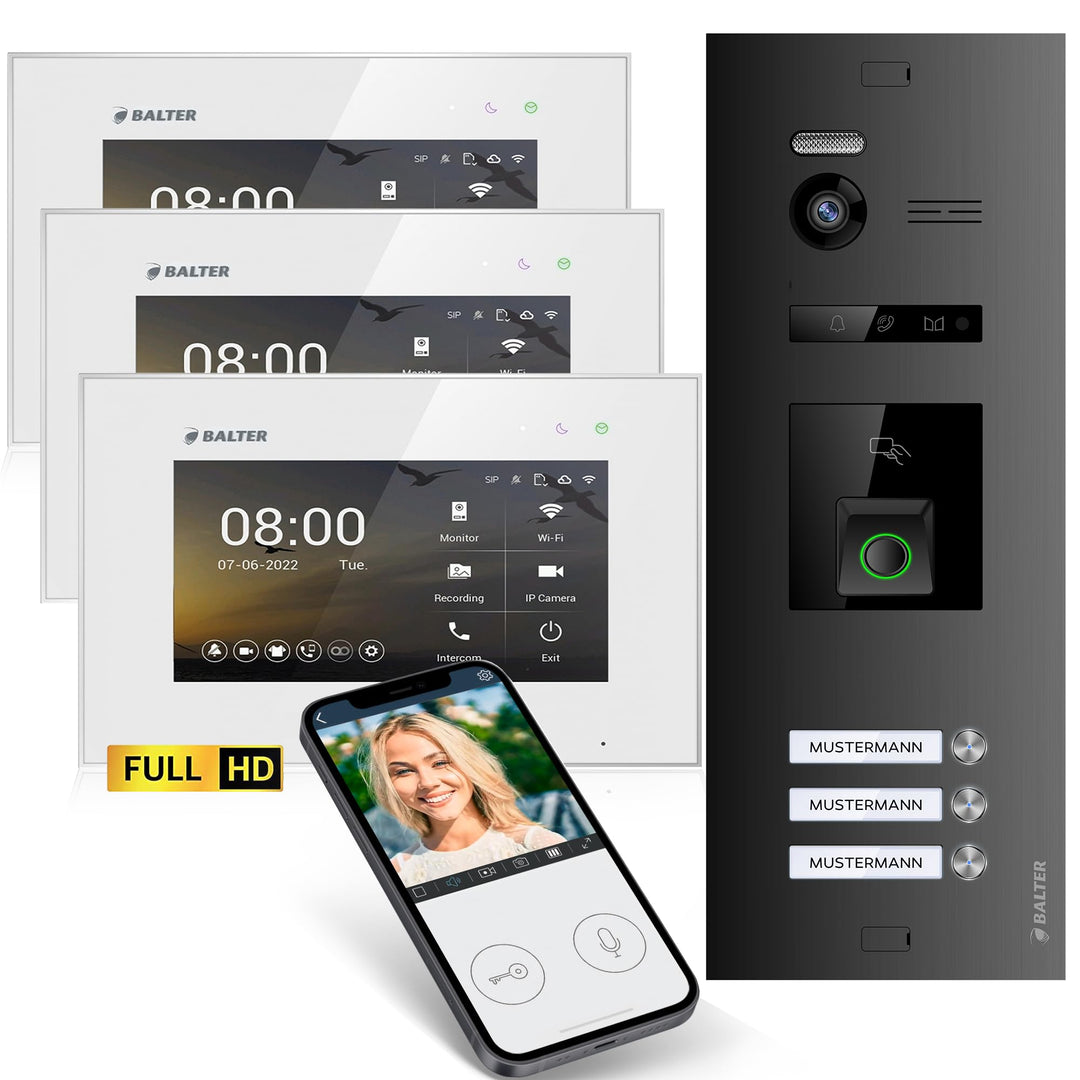 Balter EVO-HD Video Türsprechanlage mit Fingerprint, Video Türklingel, Smartphone App, 3 Familienhau