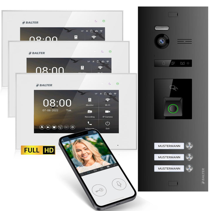 Balter EVO-HD Video Türsprechanlage mit Fingerprint, Video Türklingel, Smartphone App, 3 Familienhau