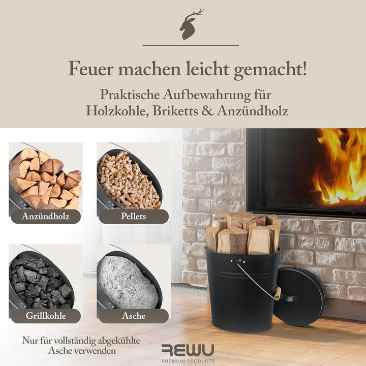 ReWu Stahleimer Ascheeimer Mehrzweckeimer oval mit Deckel für heisse Glut und Asche - Grösse 15 l -