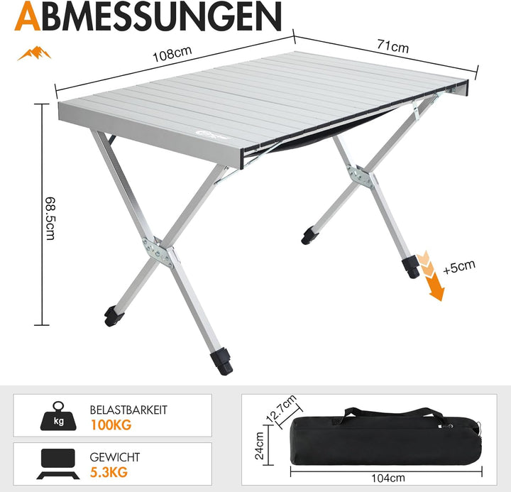 PORTAL Campingtisch faltbar Höhenverstellbar Klapptisch Aluminium 108 x 71cm rollbar Camping Tisch k