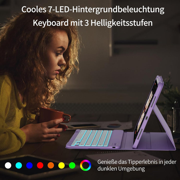 Hülle mit Tastatur für iPad A16 11/10 Generation (2025/2022, 11/10.9 Zoll)- 7 Farben Beleuchtete Mag