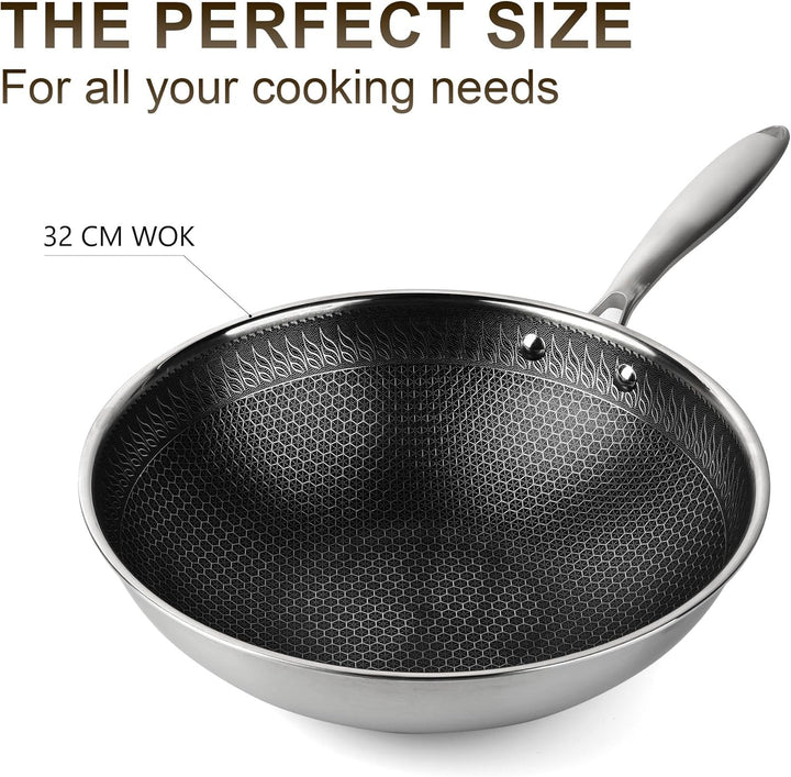 RIOVARM 32cm Edelstahl Wok mit Deckel, Antihaftbeschichtung Flacher Boden Wok-Pfanne, Dreilagig Honi