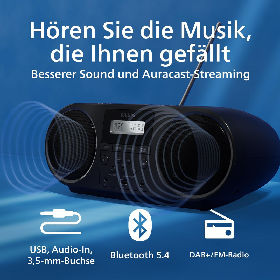 Philips TAZ6000 Multifunktions-CD-Spieler mit DAB+-/FM-Radio, Bluetooth 5.4, USB, Dynamic Bass und 3
