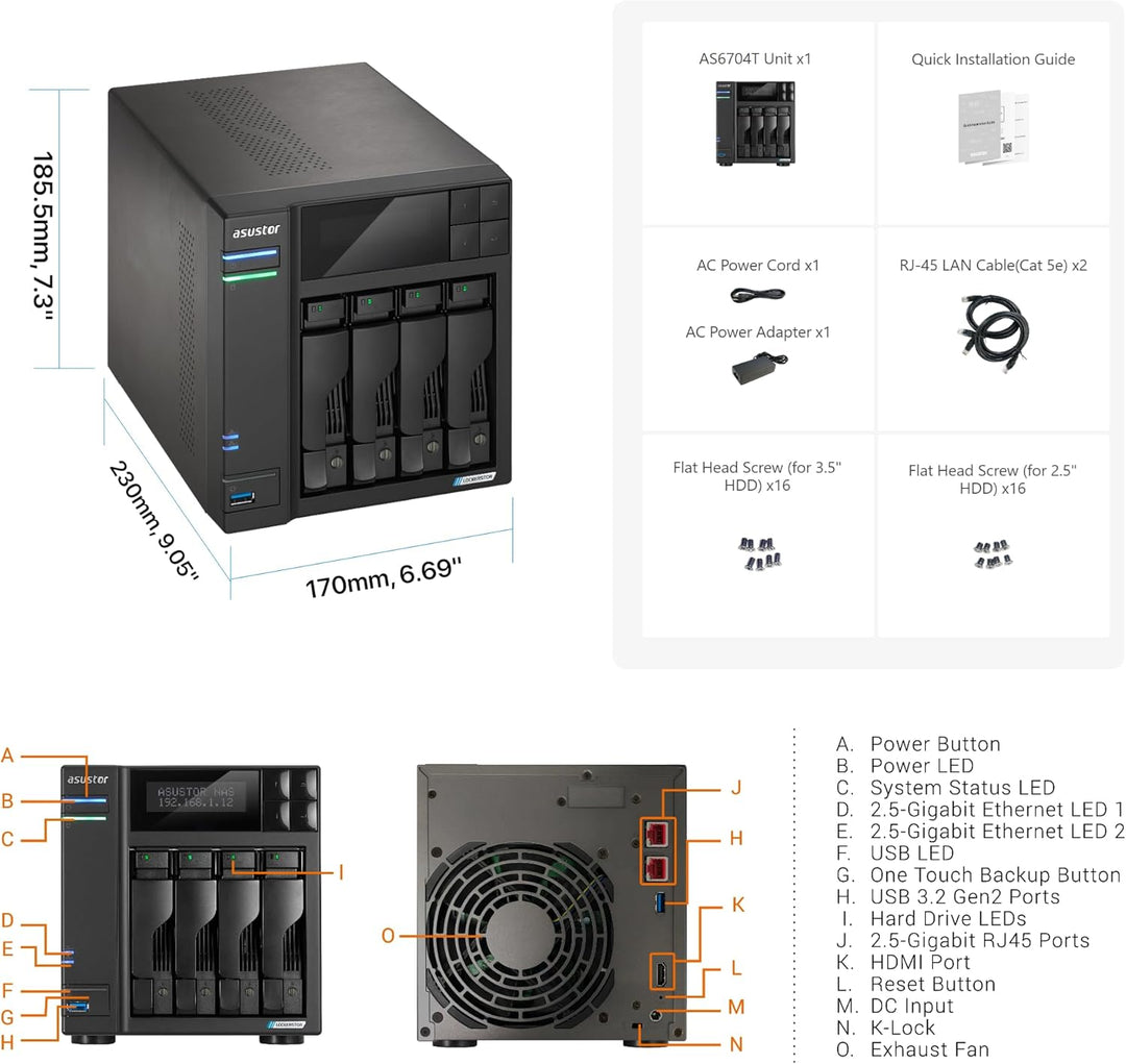 Asustor Lockerstor 4 Gen 2 AS6704T | 4 Bay NAS - Netzwerkspeicher Gehäuse, Quad Core 2.0GHz CPU, 4 M