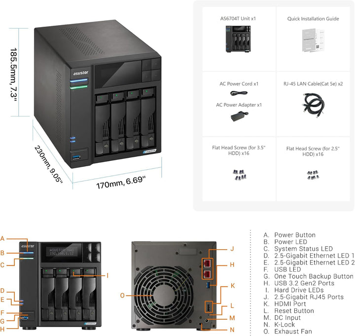 Asustor Lockerstor 4 Gen 2 AS6704T | 4 Bay NAS - Netzwerkspeicher Gehäuse, Quad Core 2.0GHz CPU, 4 M