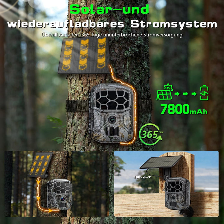 Wildkamera Solar WLAN mit Handyübertragung App 7800mAh Akku - 4K 60MP Wildtierkamera Bluetooth mit B
