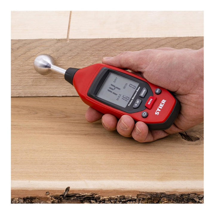 STIER Feuchtigkeitsmessgerät, bis 40 mm Tiefe, Messbereich 0-100, LCD-Display, praktische Alarm- & H