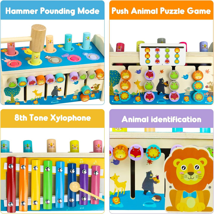 jerryvon Motorikspielzeug Montessori Spielzeug ab 1 Jahr, 4-in-1 Hammerspiel & Klopfbank mit Xylopho