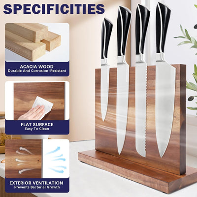 Gugxiom Double Sided Messerblock Magnetisch, Acacia Wood Magnetic Knife Holder, Magnetic Knife Block