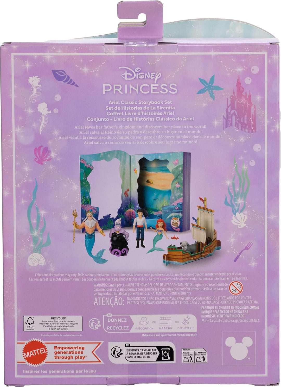 Mattel Disney Princess Toys, Arielle Mermaid Doll Story Set mit 4 kleinen Puppen, 2 Tierfiguren &amp; 1