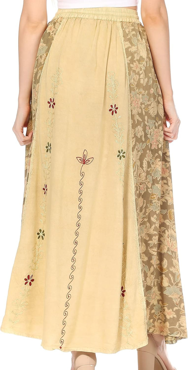 Sakkas Maran Frauen Boho Stickerei Rock mit elastischer Taille und Taschen