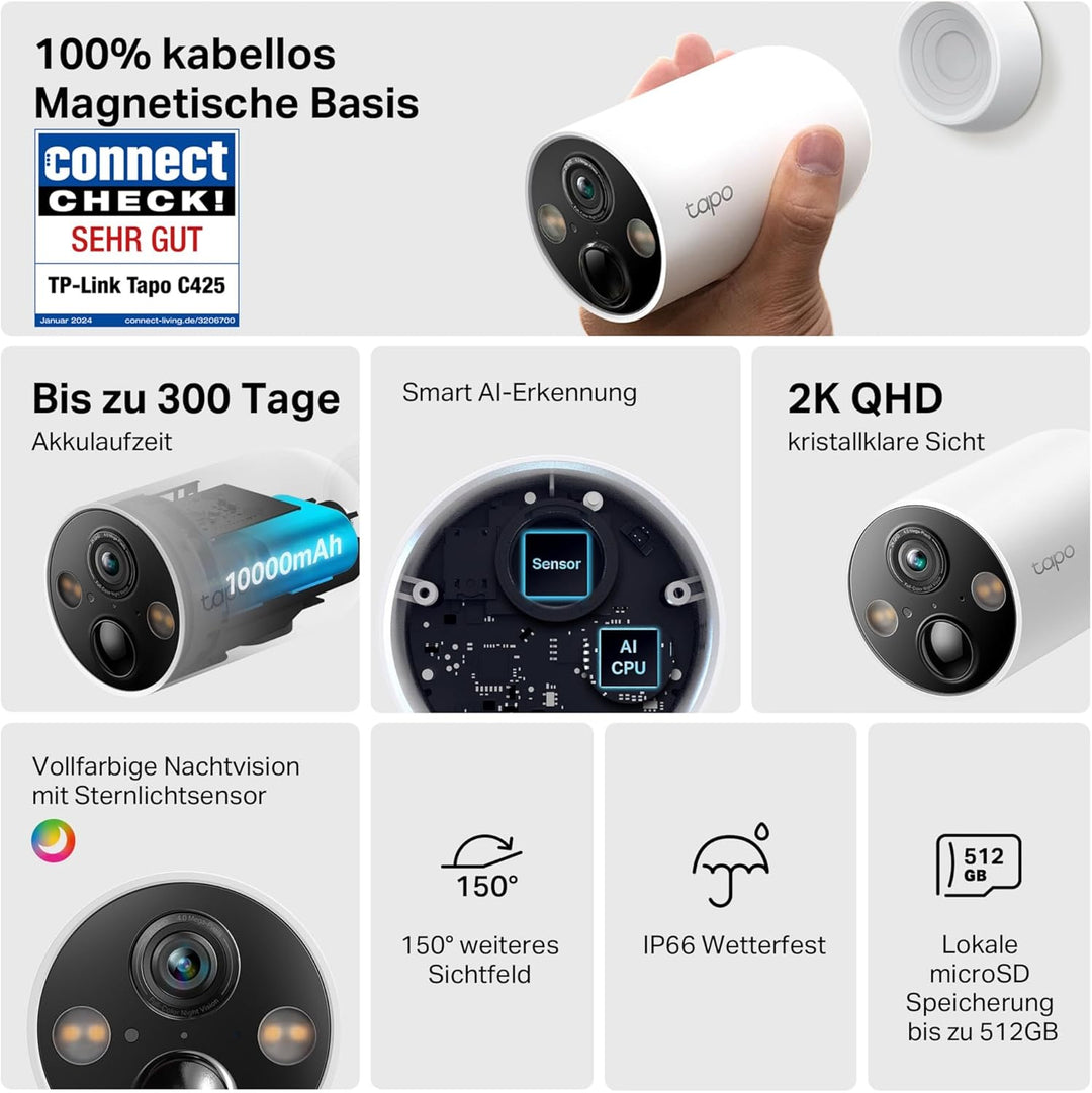 TP-Link Tapo C425 Aussenkamera Akku | Überwachungskamera aussen mit Magnetische Basis, 2K Auflösung,