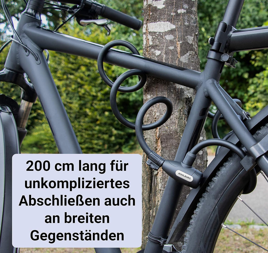 KOHLBURG Kabelschloss 200 cm lang - einfach ohne Schlüssel abschliessbar - Schloss für Fahrrad mit H