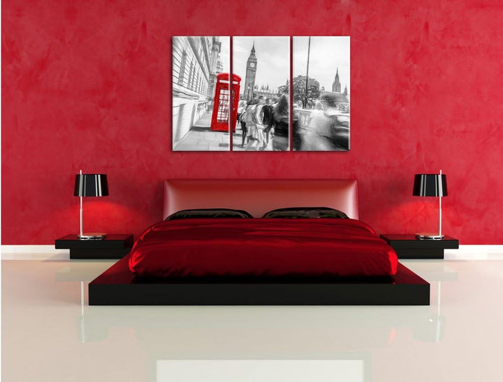 Pixxprint Typische Telefonzelle in London / 3-Teilig/Gesamtmass 120cm Leinwandbild bespannt auf Holz