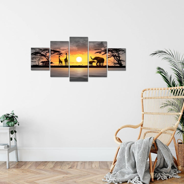 Runa Art Wandbilder Afrika Sonnenuntergang 5 Teilig Bild auf Vlies Leinwand Deko Wohnzimmer Schlafzi
