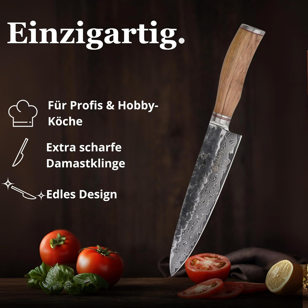 Wakoli Olive HS Kochmesser aus echtem Damaststahl (VG10 Kern) mit 20 cm Klinge – Scharf & ausbalanci