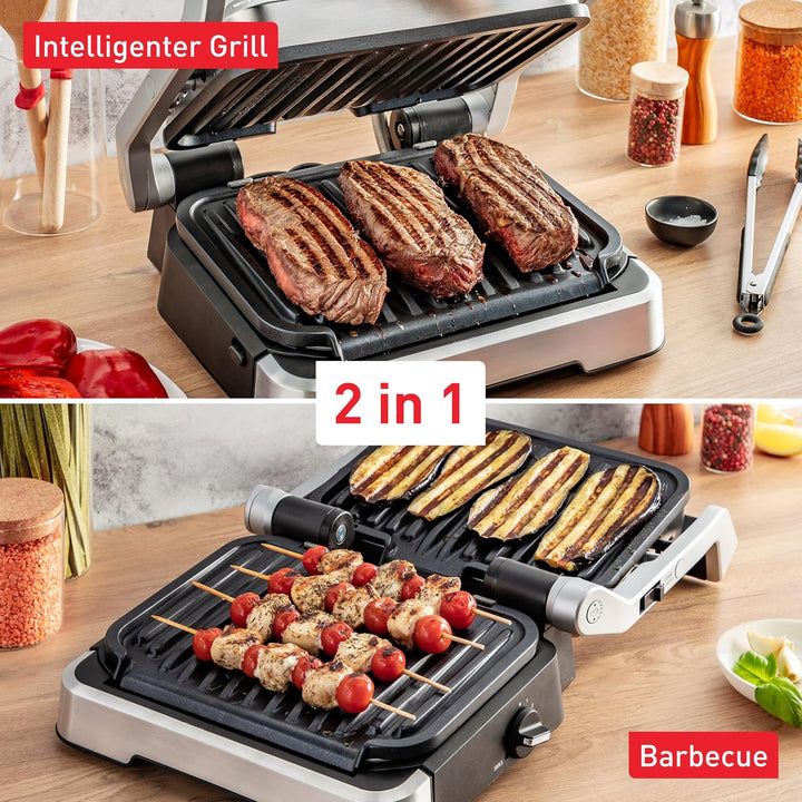 Tefal OptiGrill 2in1 Kontaktgrill, Aufklappbar, Tischgrill, 9 Programme, Garstufenanzeige, Grillzang