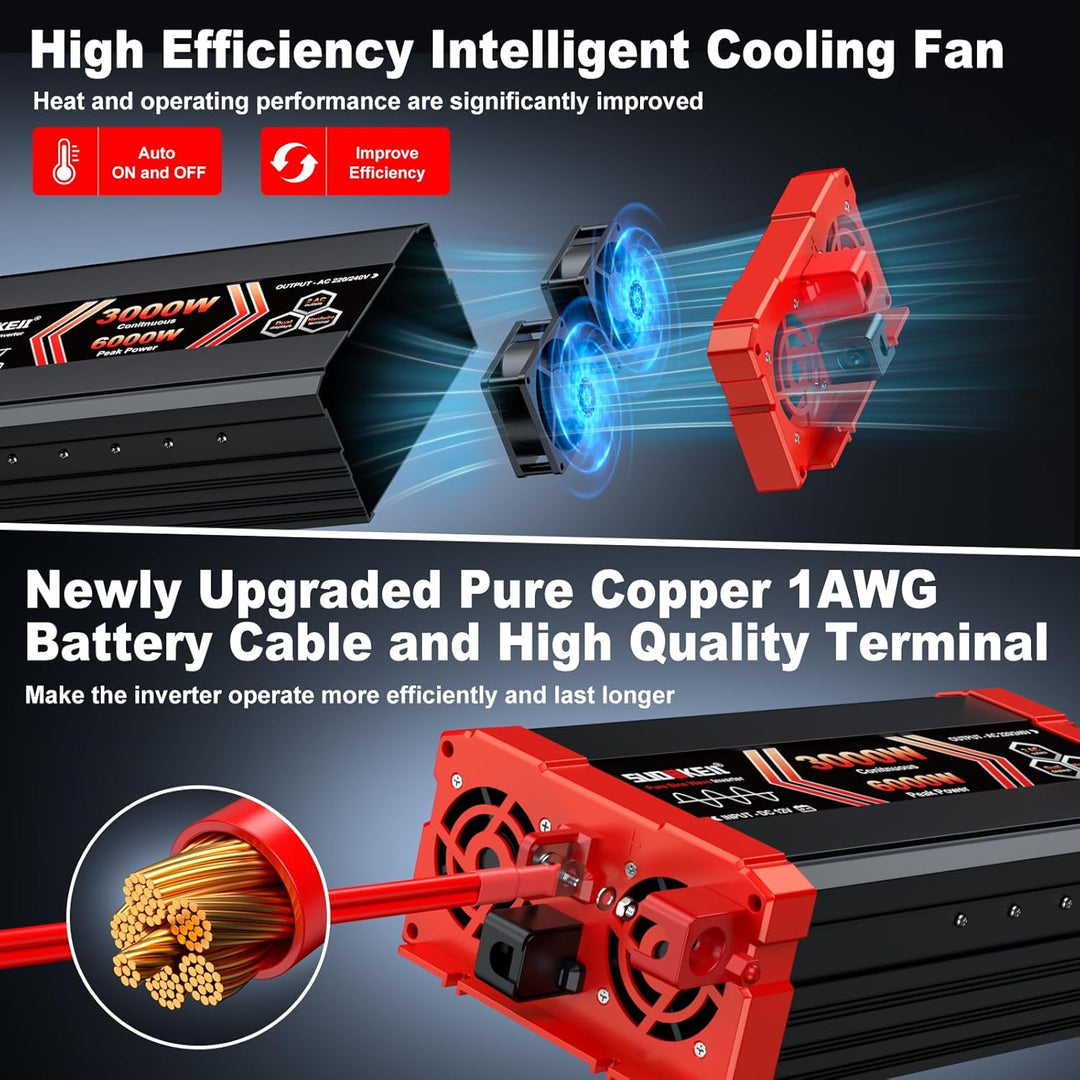 SUDOKEJI 3000W/6000W Wechselrichter Reiner Sinus Spannungswandler 12V auf 230V EU-Steckdose mit LCD