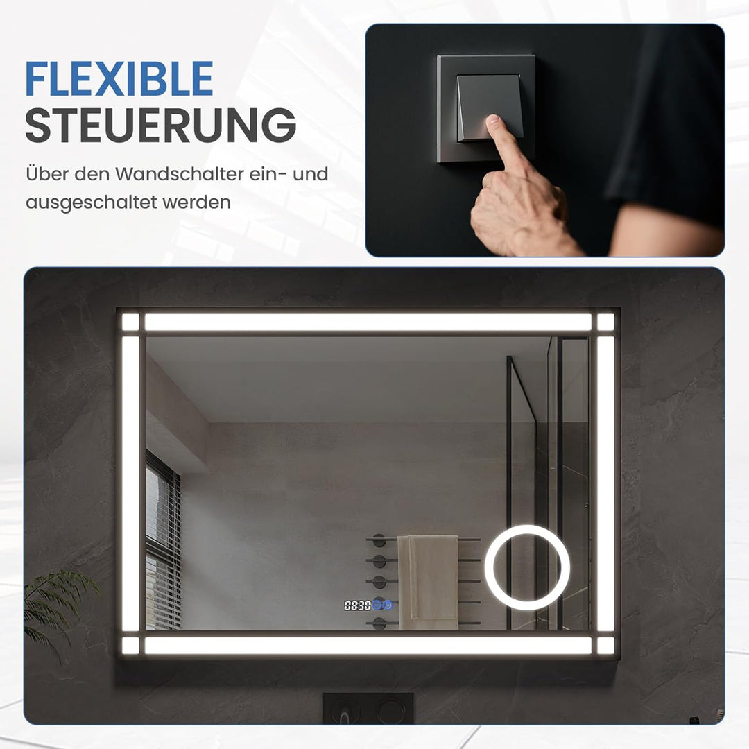 AQUABATOS Badspiegel mit Beleuchtung und Uhr Schwarzer Rahmen Fensteroptik 100x70cm, Badezimmerspieg