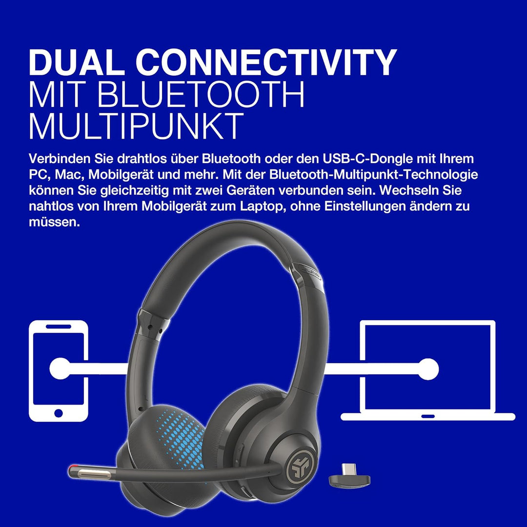 JLab Go Work 2nd Gen Headset mit Mikrofon Bluetooth & USB C Dongle, 55+ Std. Akku, On Ear Wireless H