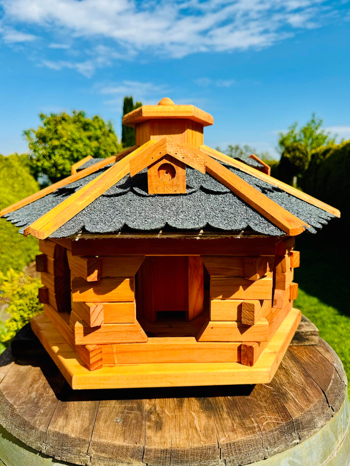 DARLUX Handgefertigtes Sechseck Vogelhaus aus Holz wetterfest M - XXL mit und ohne Ständer I Futterh