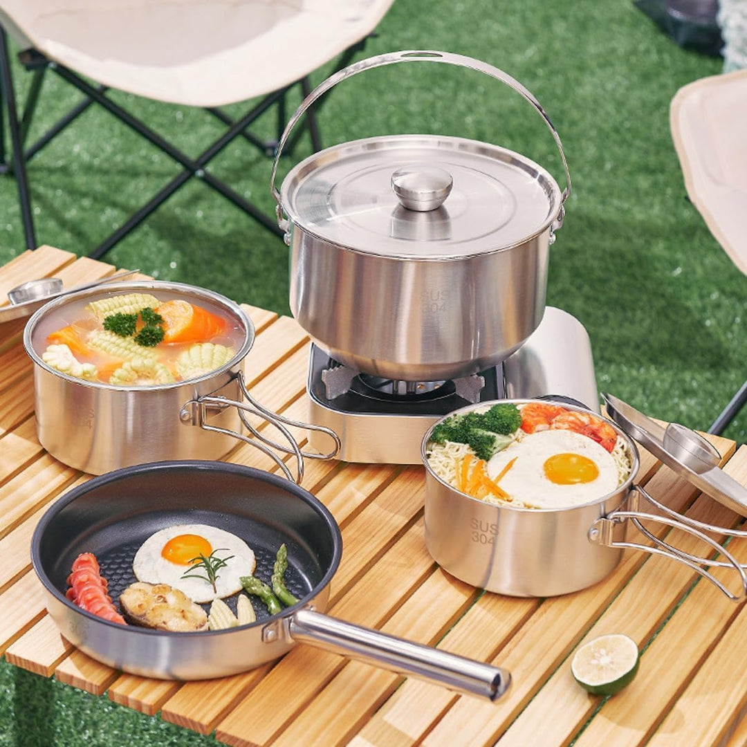 Camping Kochgeschirr Set, Camping Kochset, Töpfe und Pfannen für Lagerfeuer Kochen, beinhaltet Reise