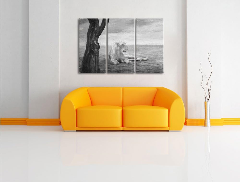 Pixxprint Löwin Ruhe Savanne Kunst Kohle Effekt 3-Teiler Leinwandbild 120x80 Bild auf Leinwand