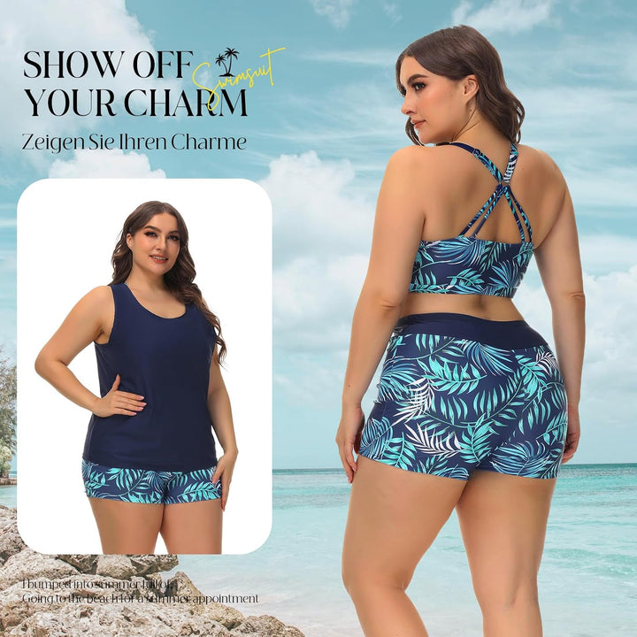 Tankini Damen Sportlich Grosse Grössen Dreiteilig Tank Aushöhlen Oberteil mit Boyshorts Push Up Bade