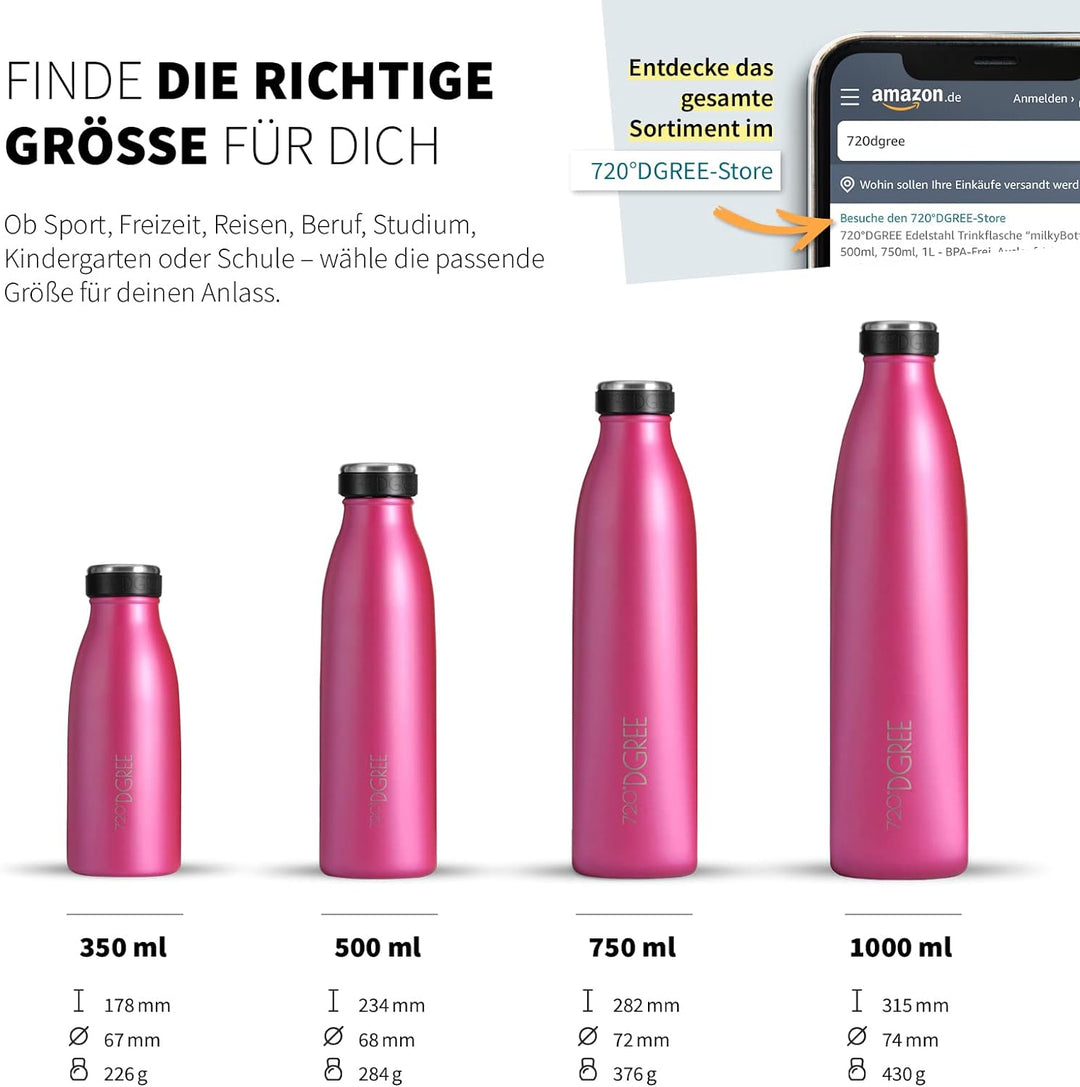 720°DGREE Edelstahl Trinkflasche “milkyBottle” - 750ml - BPA-Frei, Auslaufsicher, Kohlensäure geeign