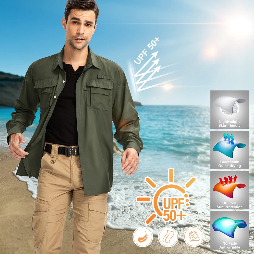 Outdoor Hemd Herren Langarm Safari Hemd UPF50 UV Schutz Funktionshemd Atmungsaktiv Button Down Hemd