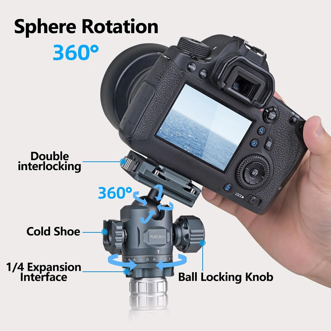 PUKOKO Kamera Stativ Schnellwechselplatte Set，Aluminium Kopf und Schnellwechselplatte Kann 360° Reib