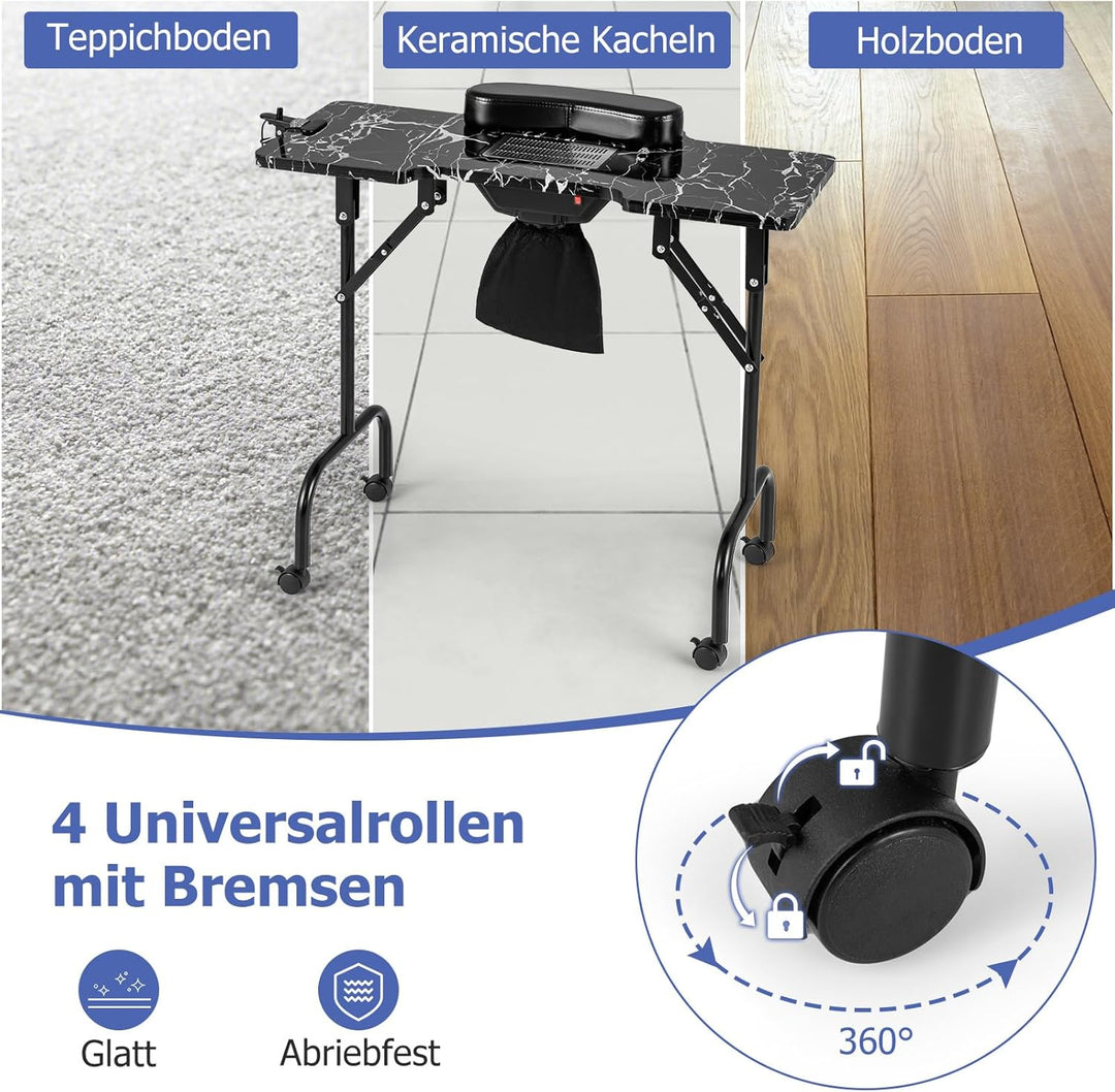 COSTWAY Maniküretisch klappbar, Nageltisch mit elektrischem Staubsammler, LED-Lampe, Handgelenkaufla