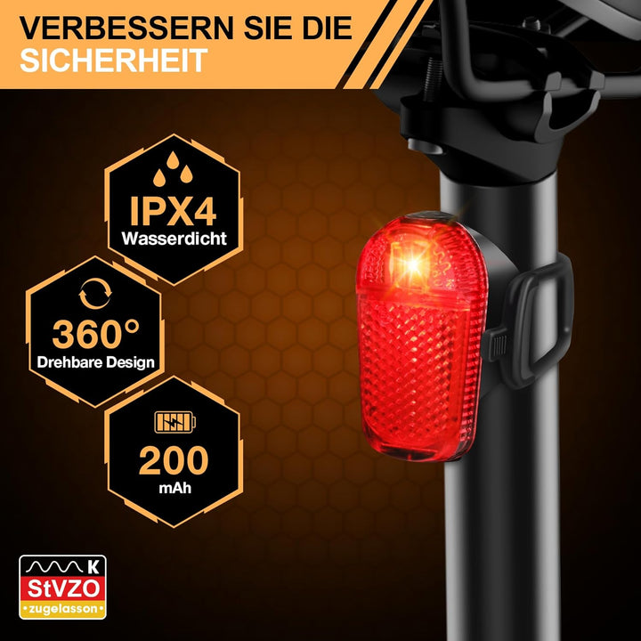Fahrradlicht Set LED StVZO-30/15 LUX Fahrradbeleuchtung Set 360° Beleuchtung-IPX4 Wasserdicht mit US