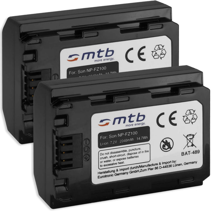 2X Akku NP-FZ100 (2040mAh) für Sony a9, ILCE-9 / Sony Alpha 7 III, ILCE-7M3, Alpha 7R III, ILCE-7RM3