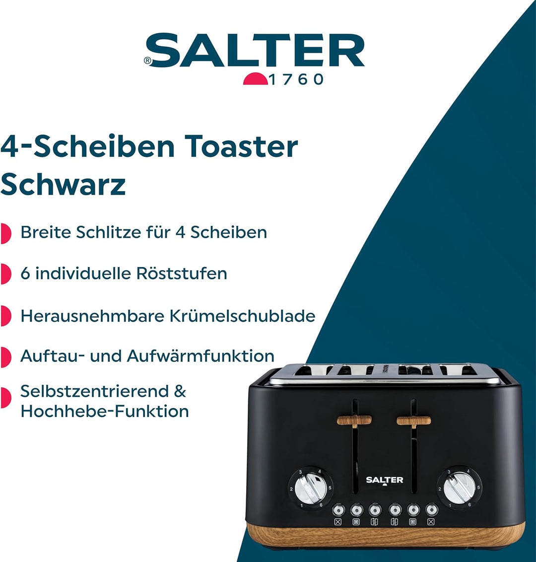 SALTER Toronto 4-Scheiben-Toaster – Breite Schlitze, 6 Bräunungsstufen, herausnehmbare Krümelschubla