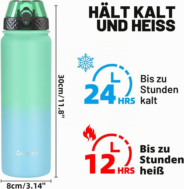 OLDLEY Edelstahl Trinkflasche mit Strohhalm, 1L Isolierte Trinkflasche, Thermosflasche BPA-freie - A