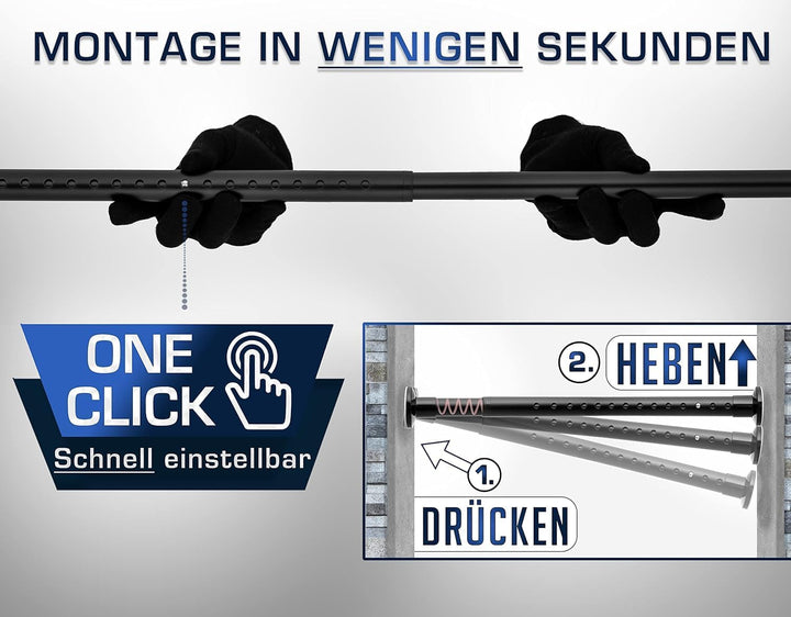 MEISENBERG Duschvorhangstange ohne Bohren 160-210cm, Ø25mm Matt Schwarz Klemmbare belastbare Gardine