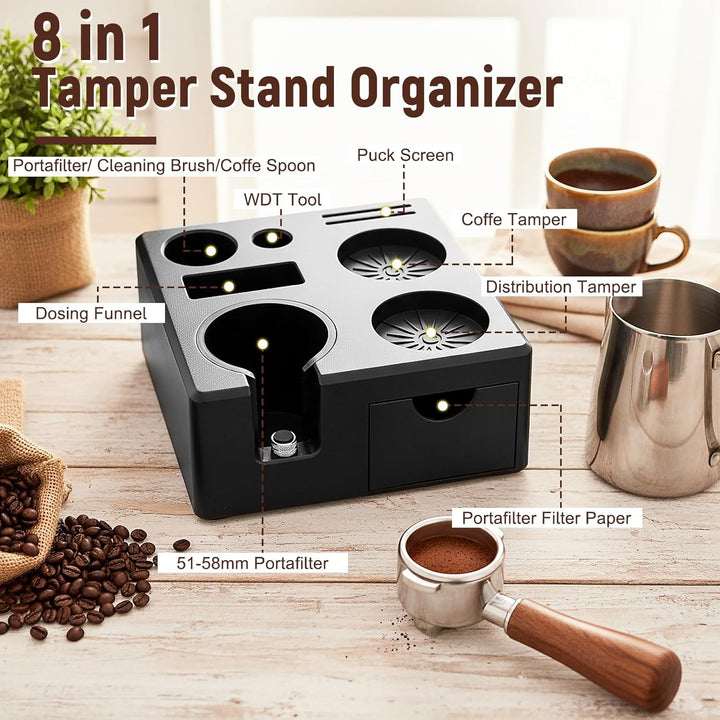 Espresso Tamperstation, Höhenverstellbar 51-58 mm, Kaffee Tamping Station aus ABS für Aufbewahrung v