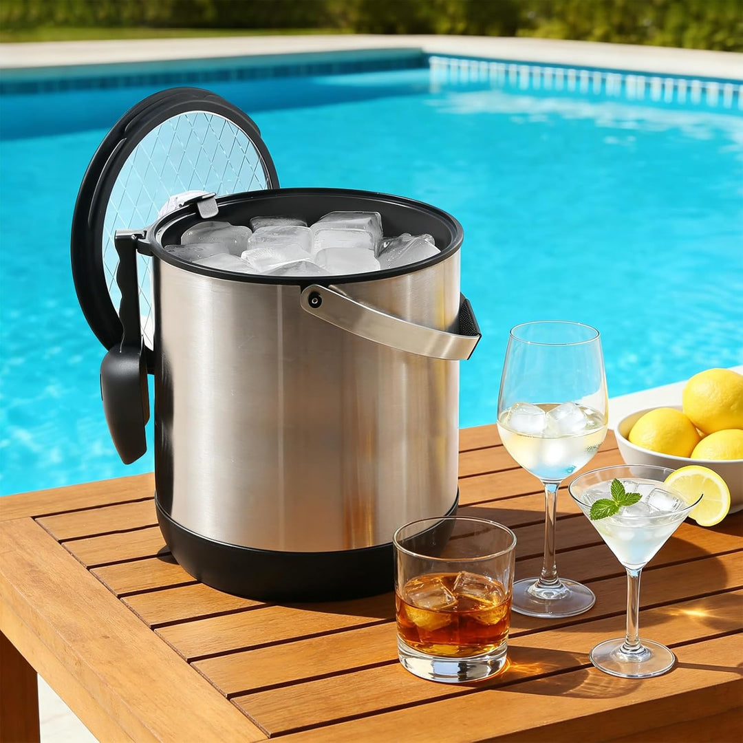 6.8L Eiswürfelbehälter mit Deckel und Schaufel, Edelstahl Eiskübel BPA-FREI, Doppelwandiger Isoliert