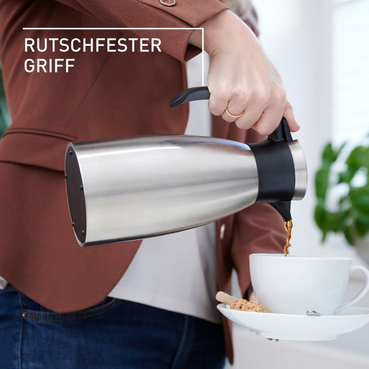 Emsa Soft Grip Isolierkanne, 1 Liter, Edelstahl, 12 Stunden heiss + 24 Stunden kalt, Auslaufsicher,