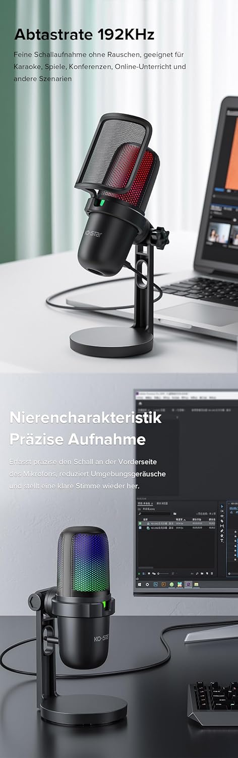 KO-Star M-630S USB Gaming Mikrofon – RGB-Beleuchtung, Nierencharakteristik, Touch-Stummschaltung, Pl