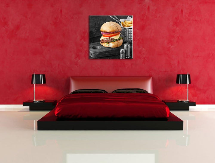 Pixxprint Cheesburger mit Pommes Schwarz/Weiss, Format: 70x70 auf Leinwand, 70x70